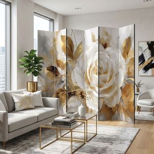P1102 Decorative Screen Room divider White rose in golden glow (3,4,5 or 6 panels)