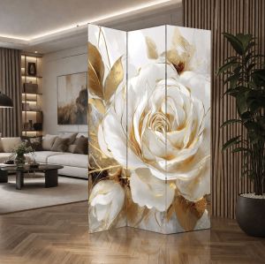 P1102 Декоративен параван Бяла роза в златно сияние (3, 4, 5 или 6 части)