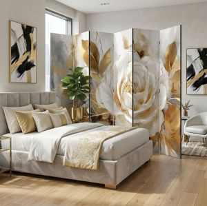 P1102 Декоративен параван Бяла роза в златно сияние (3, 4, 5 или 6 части)