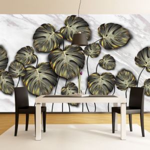 T0894 Wallpaper Tropical leaves black and gold