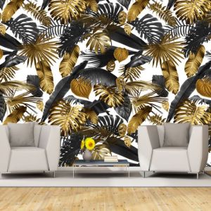 T0895 Wallpaper Tropical leaves black and gold