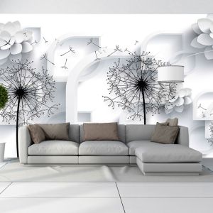 T9010 Wallpaper 3D Dandelions - white and black
