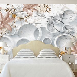 T9017 Wallpaper 3D Circles and vintage flowers