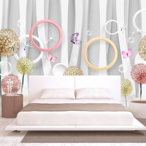 T9067 Wallpaper 3D Circles, dandelions and butterflies