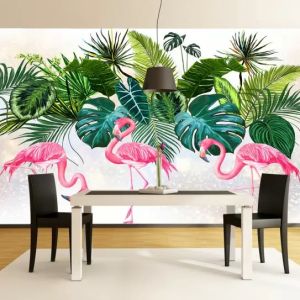 T9180 Wallpaper Tropical leaves and flamingos