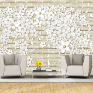 T9192 Wallpaper 3D White flowers on brick wall