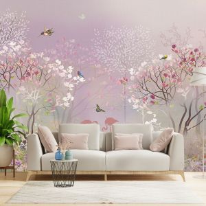 T9306 Wallpaper Spring garden with flamingos and birds