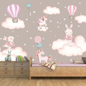 T9325 3D Wallpaper Rabits, Unicorns, Hot Air Balloons, and Clouds
