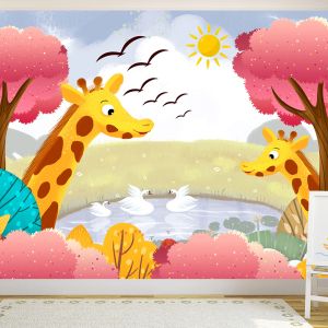 T9344 Wallpaper Giraffes and a lake with swans