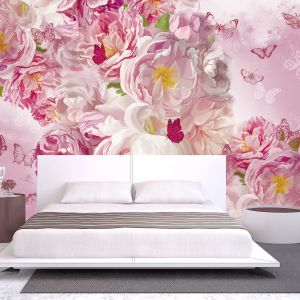 T9349 Wallpaper Delicate pink flowers and graceful butterflies