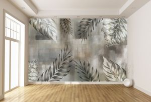T9348 Wallpaper Leaves in soft gray and earth tones