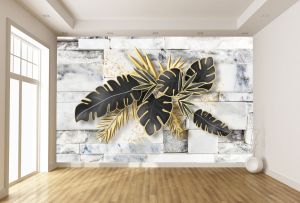 T9346 Wallpaper Gold and black leaves on a marble background