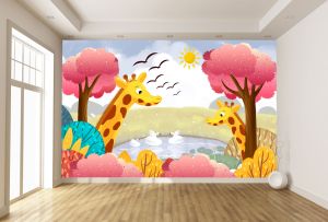 T9344 Wallpaper Giraffes and a lake with swans