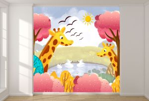 T9344 Wallpaper Giraffes and a lake with swans