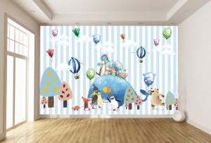 T9333 Wallpaper Cheerful animals and playful balloons