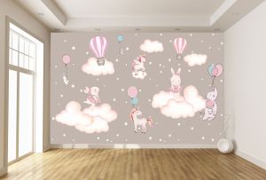 T9325 3D Wallpaper Rabits, Unicorns, Hot Air Balloons, and Clouds