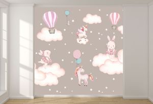 T9325 3D Wallpaper Rabits, Unicorns, Hot Air Balloons, and Clouds