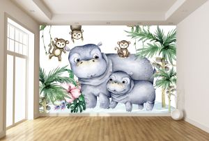 T9322 Wallpaper Cute Hippos and Monkeys in a Jungle Scene