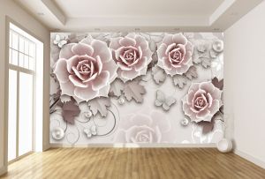 T9309 Wallpaper 3D Romantic roses, Pearls and Butterflies