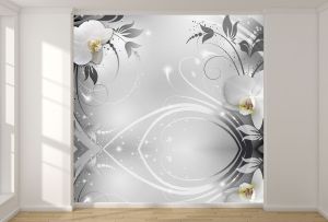 T9308 Фототапет 3D Бели орхидеи и сребристи орнаменти
