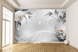 T9308 Фототапет 3D Бели орхидеи и сребристи орнаменти