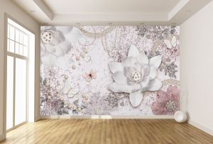T9305 Wallpaper 3D Abstraction with white flowers, pearls and butterflies