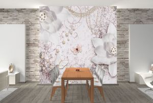 T9305 Фототапет 3D Абстракция с бели цветя, перли и пеперуди