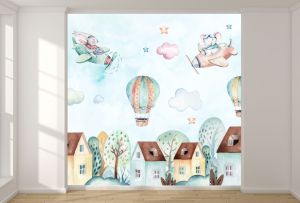 T9249 Wallpaper Bunny and elephant with helicopters over the city