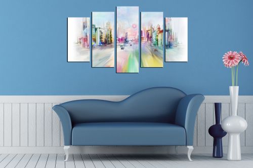 Wall art set 5 pieces colorful city abstract