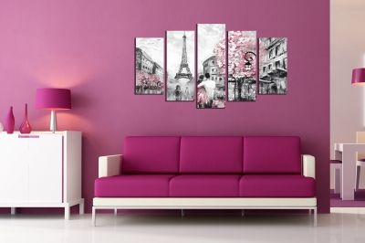 Картина за спалня Влюбени в Париж от 5 части арт градски пейзаж
