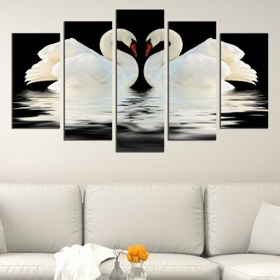 0430 Картина-пано от 5 части Влюбени лебеди (черно и бяло)