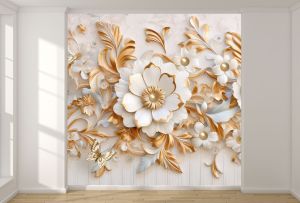 T0995 Фототапет 3D Златни цветя и пеперуди