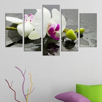 0439 Картина-пано от 5 части Бяла орхидея
