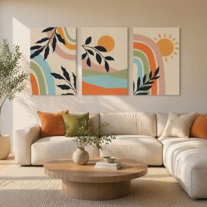 1169 Colorful Harmony – Set of 3 Abstract Wall Arts with Rainbows, Sun and Boho Elements