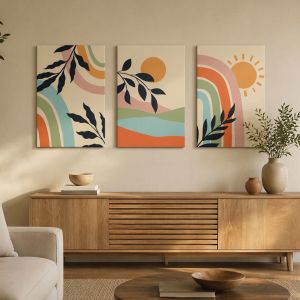 1169 Colorful Harmony – Set of 3 Abstract Wall Arts with Rainbows, Sun and Boho Elements