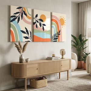 1169 Colorful Harmony – Set of 3 Abstract Wall Arts with Rainbows, Sun and Boho Elements