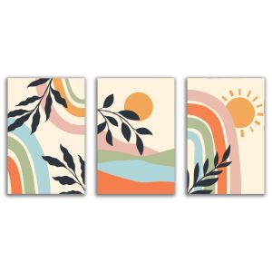 1169 Colorful Harmony – Set of 3 Abstract Wall Arts with Rainbows, Sun and Boho Elements