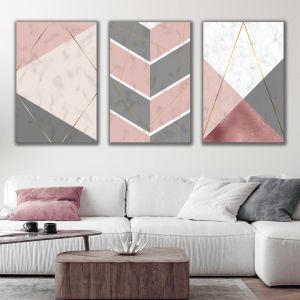 1173 Pastel Geometry – Set of 3 Marble Wall Art Prints with Gold Lines