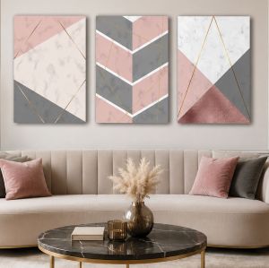 1173 Pastel Geometry – Set of 3 Marble Wall Art Prints with Gold Lines