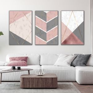 1173 Pastel Geometry – Set of 3 Marble Wall Art Prints with Gold Lines