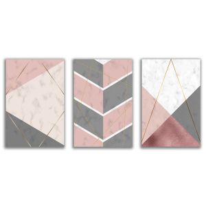 1173 Pastel Geometry – Set of 3 Marble Wall Art Prints with Gold Lines