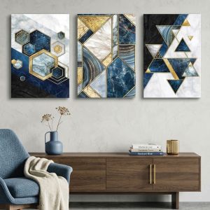 1174 Sapphire Geometry – Set of 3 Marble Wall Art Prints with Gold Accents