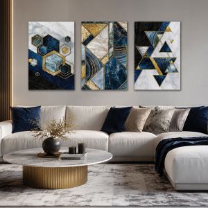 1174 Sapphire Geometry – Set of 3 Marble Wall Art Prints with Gold Accents