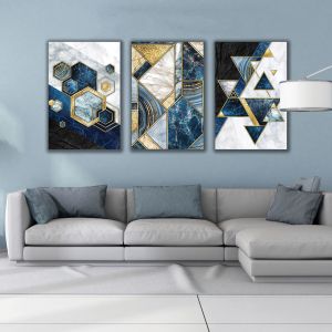1174 Sapphire Geometry – Set of 3 Marble Wall Art Prints with Gold Accents