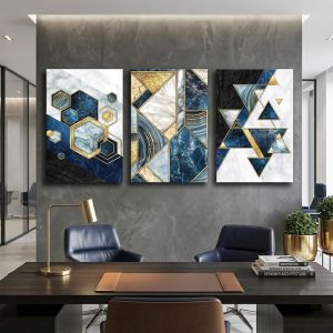 1174 Sapphire Geometry – Set of 3 Marble Wall Art Prints with Gold Accents