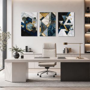 1174 Sapphire Geometry – Set of 3 Marble Wall Art Prints with Gold Accents