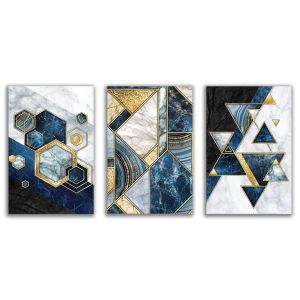 1174 Sapphire Geometry – Set of 3 Marble Wall Art Prints with Gold Accents