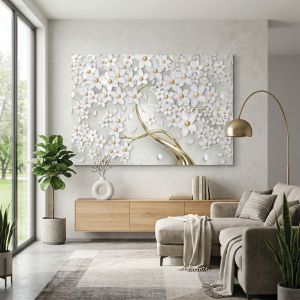 9266 Abstract Tree – White Floral Wall Art with Golden Accents