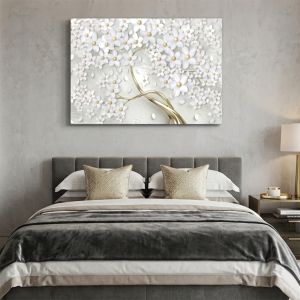 9266 Abstract Tree – White Floral Wall Art with Golden Accents