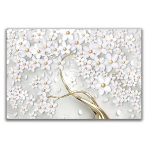 9266 Abstract Tree – White Floral Wall Art with Golden Accents
